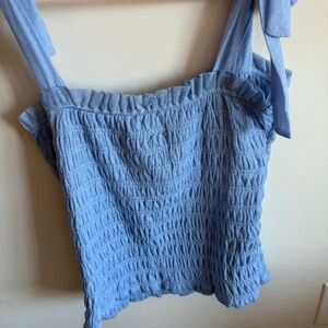 Anthropologie Smocked Blue Mesh Tie Strap Shoulder Tulle Top Womens